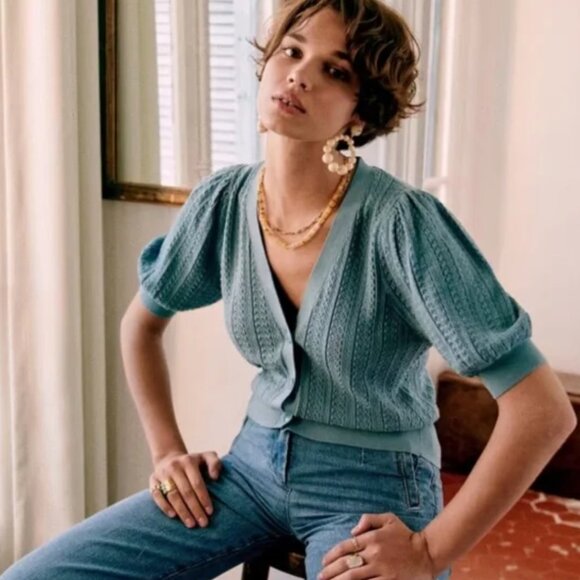 NEW Sezane Lola Jumper - Sky Blue French Cardigan Sweater Causal - Picture 3 of 8